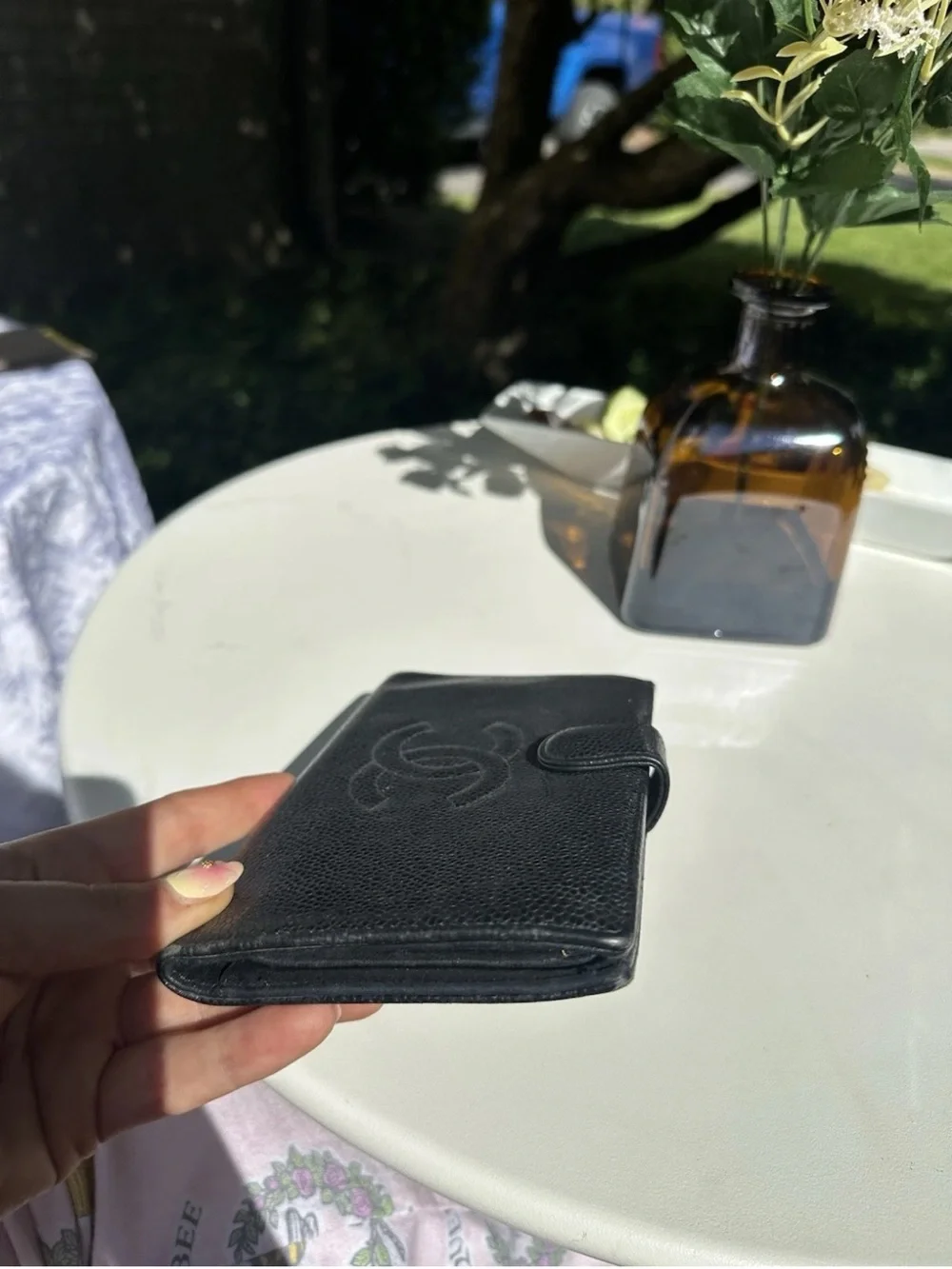 CHANEL Black Caviar Leather Phone Wallet Case with CC Logo Tri Fold Vintage